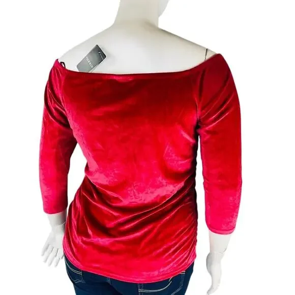 New Torrid Woman Sz 1X 1 Red Velvet Shirred Front Off Shoulder Top Stretch NWT - Picture 7 of 9